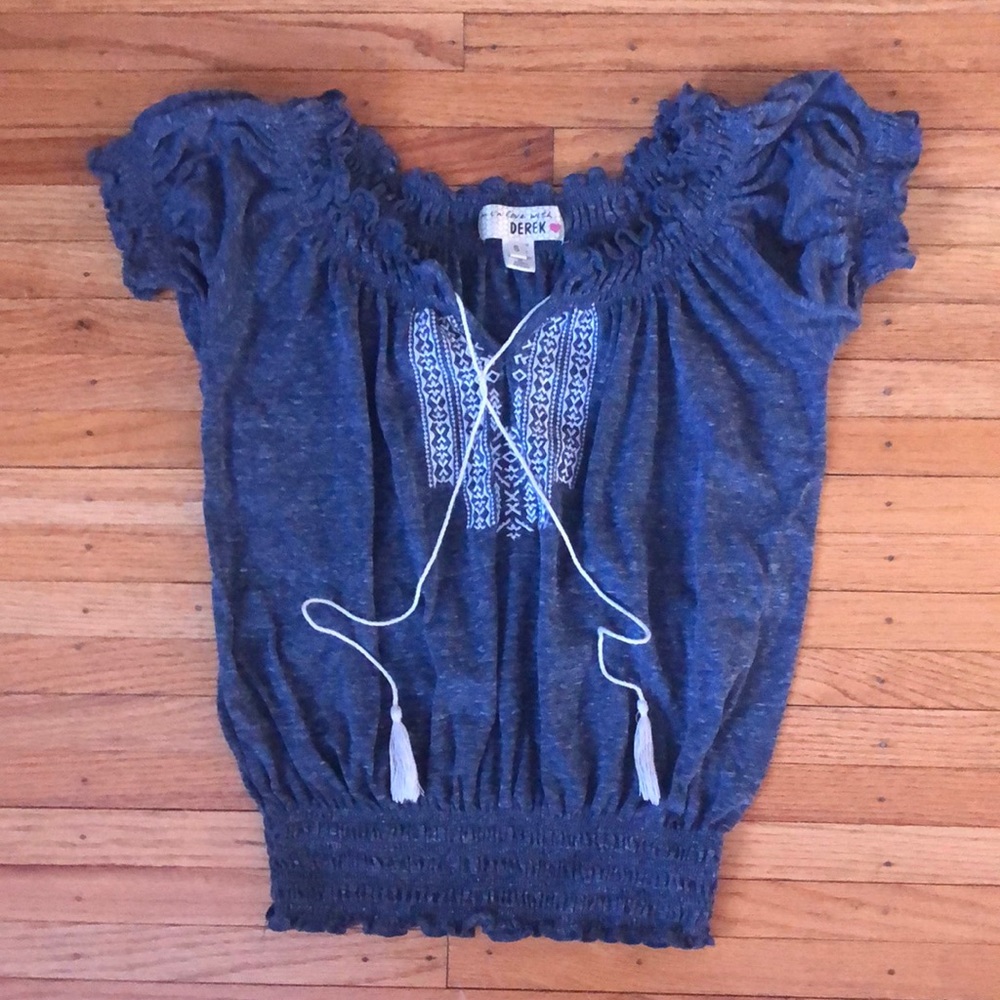 Blue and white peasant blouse